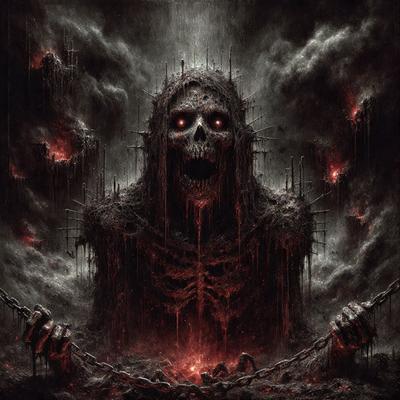 The primary subject of the image is a skeleton with a screaming expression, surrounded by a chain and a red background. The visual style appears to be a digital art or illustration, with a dark and eerie atmosphere. The setting is a cloudy sky, and the colors are predominantly red and black.